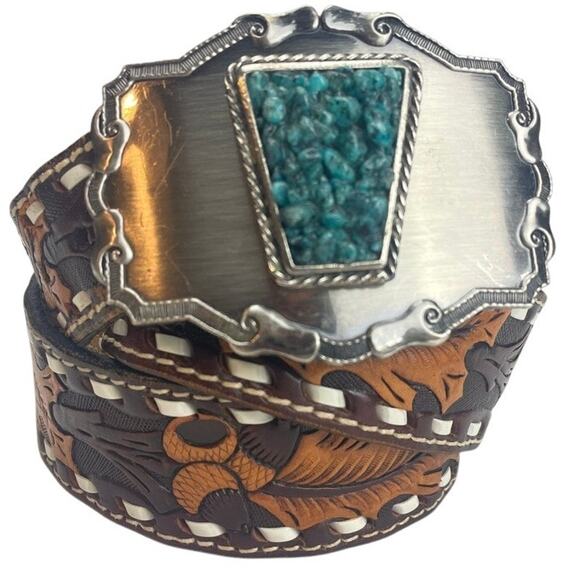 Vintage 80s RAINTREE Tooled Leather‎ Western Belt Mens (38) Acorn Turquoise USA - Picture 1 of 8